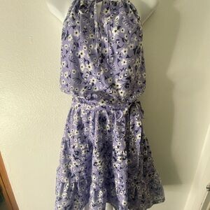 Purple, Black, White Floral Sundress w/ Drawstring High Neckline & Self-Tie Belt
